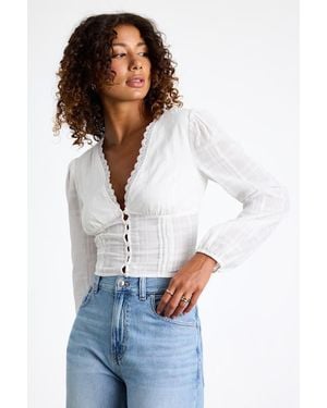 Lulus Keyra Button-Front Balloon Sleeve Crop Top - White