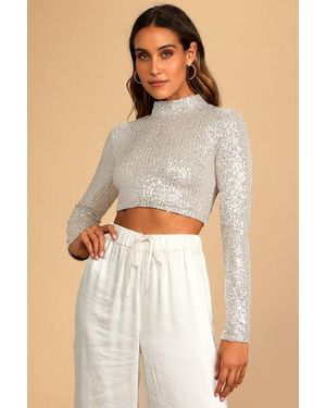 Lulus Dazzling Beauty Sequin Long Sleeve Mock Neck Crop Top - Metallic