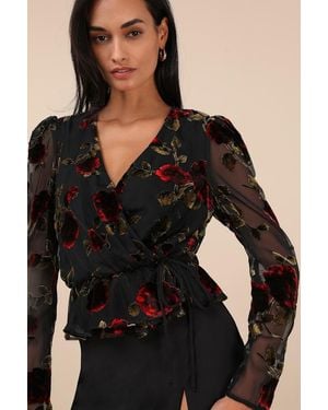 Lulus Memorably Poised Burnout Floral Surplice Top - Black