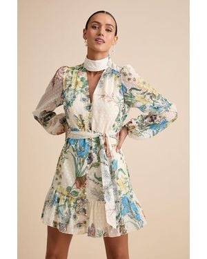 Lulus Ayame Floral Swiss Dot Balloon Sleeve Mini Dress - White