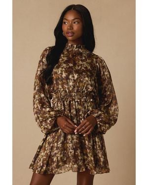 Lulus Andie Multi Abstract Floral Mock Neck Mini Dress - Brown