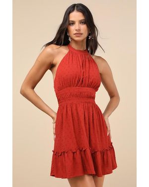 Lulus Zahia Swiss Dot Ruffled Halter Mini Dress - Red