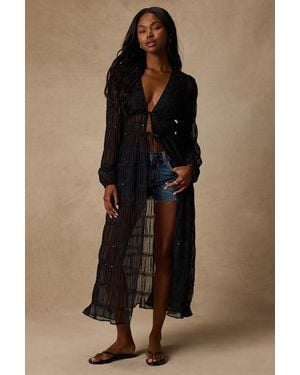 Lulus April Sheer Long Sleeve Tie-Front Duster Top - Black