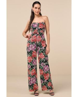 Lulus Layka Multi Floral Mesh Wide-Leg Jumpsuit - Black