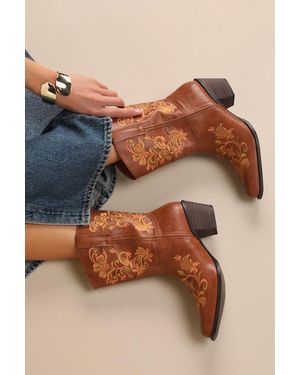 Lulus Birgitta Embroidered Western Ankle Boots - Brown