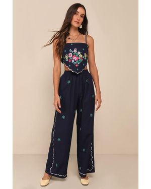 Lulus Charmed Aesthetic Linen Embroidered High-Rise Trousers - Blue