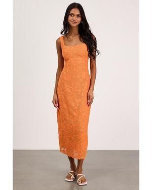 Lulus Larine Abstract Floral Embroidered Midi Dress - Orange