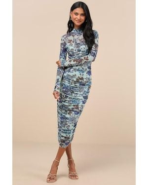 Lulus Impressive Flirt Floral Mesh Ruched Mock Neck Midi Dress - Blue