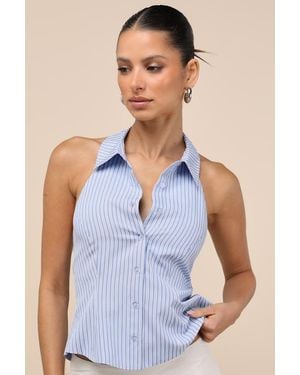 Lulus Giosetta Pinstriped Button-Front Halter Top - Blue