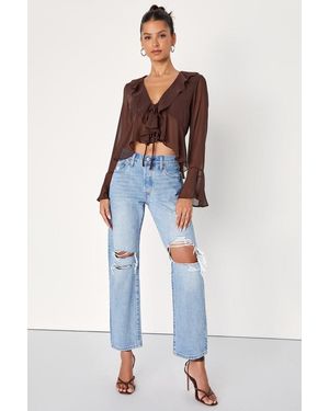 Lulus Thriving Flirt Chiffon Ruffled Long Sleeve Tie-Front Top - Blue