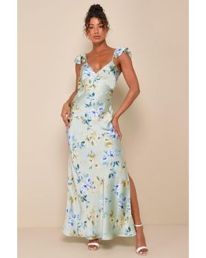 Lulus Captivating Grace Floral Satin Ruffled Maxi Dress - Blue