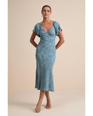 Lulus Effervescent Afternoon Slate Satin Flutter Sleeve Midi Dress - Blue