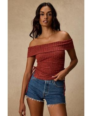 Lulus Saphira Ribbed Knit Off-The-Shoulder Top - Red