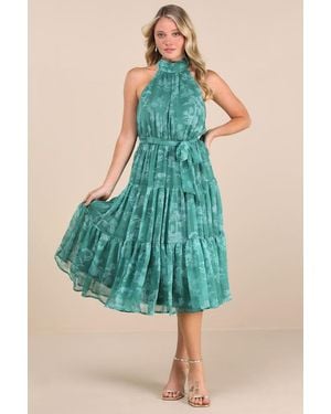 Lulus Float To You Floral Print Halter Tiered Midi Dress - Green