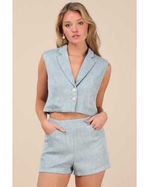 Lulus Perfect Company Tweed High-Waisted Shorts - Blue