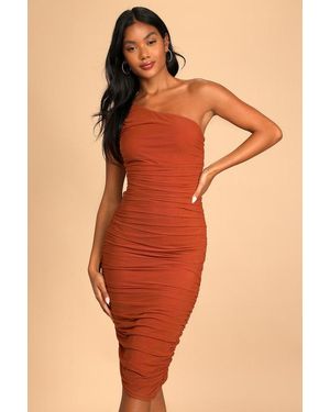 Lulus Already Rsvp'D Rust Ruched One-Shoulder Bodycon Dress - Orange