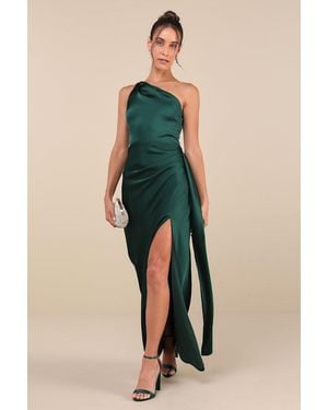 Lulus Signature Elegance Emerald Satin One-Shoulder Maxi Dress - Blue