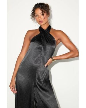 Lulus Charismatic Muse Satin Wide-Leg Halter Jumpsuit - Black