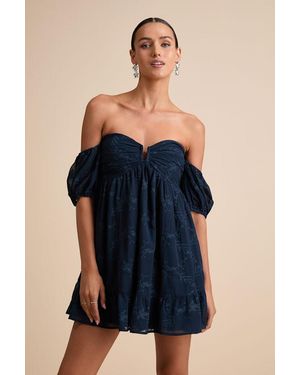 Lulus Cutest Icon Embroidered Off-The-Shoulder Mini Dress - Blue