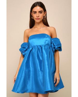 Lulus Sweet Vision Taffeta Off-The-Shoulder Babydoll Mini Dress - Blue