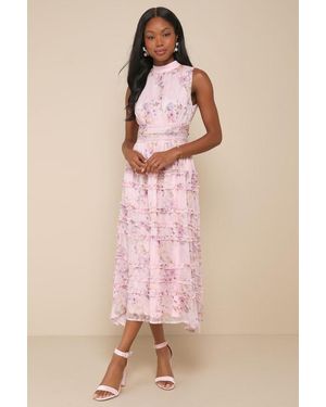 Lulus Happily Sweet Floral Mock Neck Backless Midi Dress - Pink