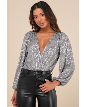 Lulus Evening Of Wonder Sequin Long Sleeve Bodysuit - Gray
