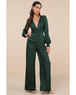 Lulus Unbelievable Chicness Satin Long Sleeve Wide-Leg Jumpsuit - Green