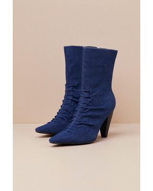 Lulus Klint Denim Ruched Pointed-Toe Ankle Boots - Blue