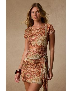 Lulus Kamora Rust Multi Boho Print Mesh Sash Mini Dress - Brown