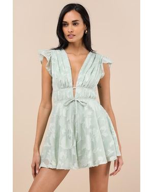Lulus All About The Flowers Burnout Floral Ruffled Romper - Green