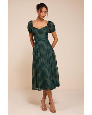 Lulus Sweetest Behavior Emerald Embroidered Puff Sleeve Midi Dress - Green