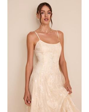 elfrieda cream floral embroidered puff sleeve midi dress Famecoco Buttoned Embroidered Midi Dress XL / Apricot main image 0