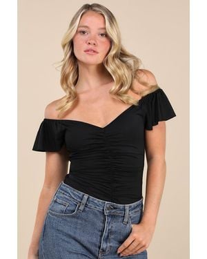 Lulus A Little Bit Of Love Ruched Flutter Sleeve Bodysuit - Black