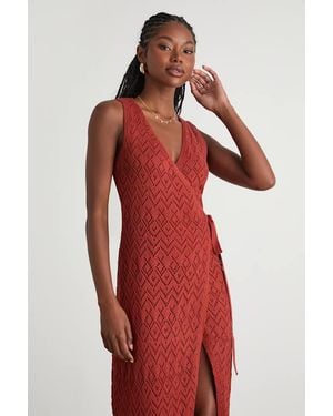 Lulus Kasper Rusty Pointelle Knit Wrap Midi Dress - Red