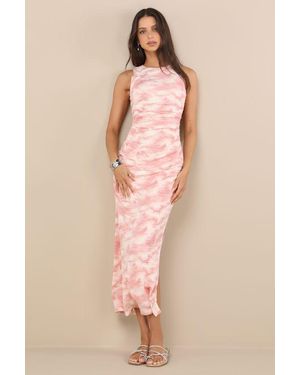 Lulus Larah And Tie-Dye Textured Knit Ruched Midi Dress - Natural