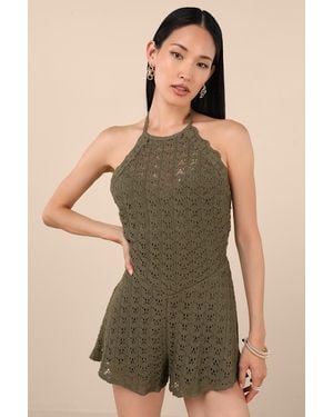 Lulus Tovia Pointelle Knit Tie-Back Halter Romper - Green