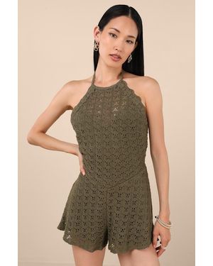 Lulus Tovia Pointelle Knit Tie-Back Halter Romper - Green