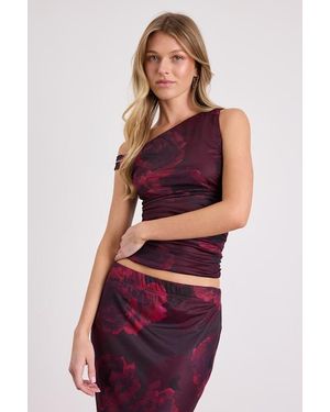 Lulus Camella Dark Plum Floral Mesh Asymmetrical Top - Red