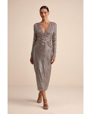 Lulus Helena And Sequin Long Sleeve Midi Dress - Natural