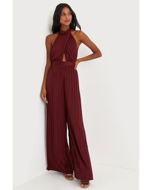 Lulus Confident Impression Satin Pleated Halter Jumpsuit - Red