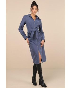 Lulus Autumnal Views Dark Suede Button-Up Tie-Front Midi Dress - Blue