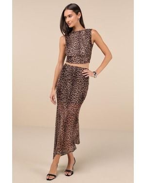 Lulus Fierce Charm Leopard Print Mesh Asymmetrical Midi Skirt - Brown