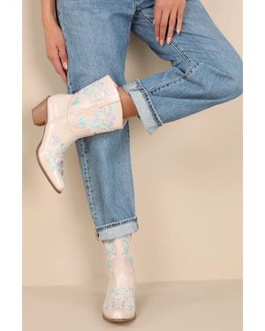 Lulus Birgitta Bone Embroidered Western Ankle Boots - Natural