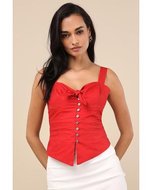 Lulus Earlene Tie-Front Button-Up Tank Top - Red