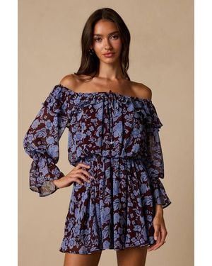 Lulus Inde Plum Floral Off-The-Shoulder Mini Dress - Blue