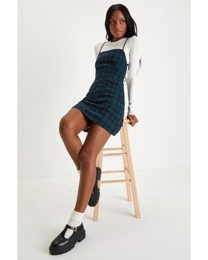 Lulus Sweetest Memory Plaid Lace-Up Mini Dress With Pockets - Blue