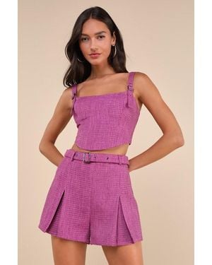Lulus Bold Cutie Tweed Buckle Strap Crop Tank Top - Pink