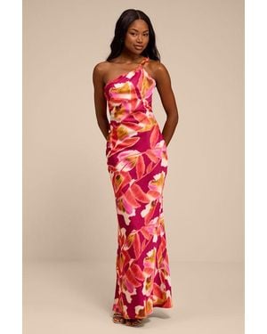 Lulus Sandria Multi Floral Satin One-Shoulder Maxi Dress - Red