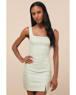 Lulus Happy Chance Gingham Square Neck Mini Dress - Natural