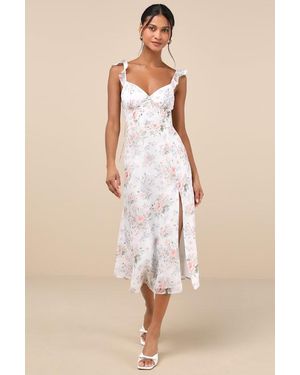 Lulus Delightful Direction Floral Ruffled Tie-Strap Midi Dress - Natural